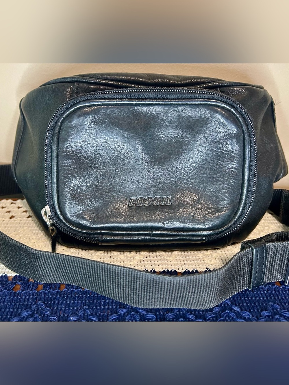 Fossil Black Leather Belt Bag with Front Zip Pocket